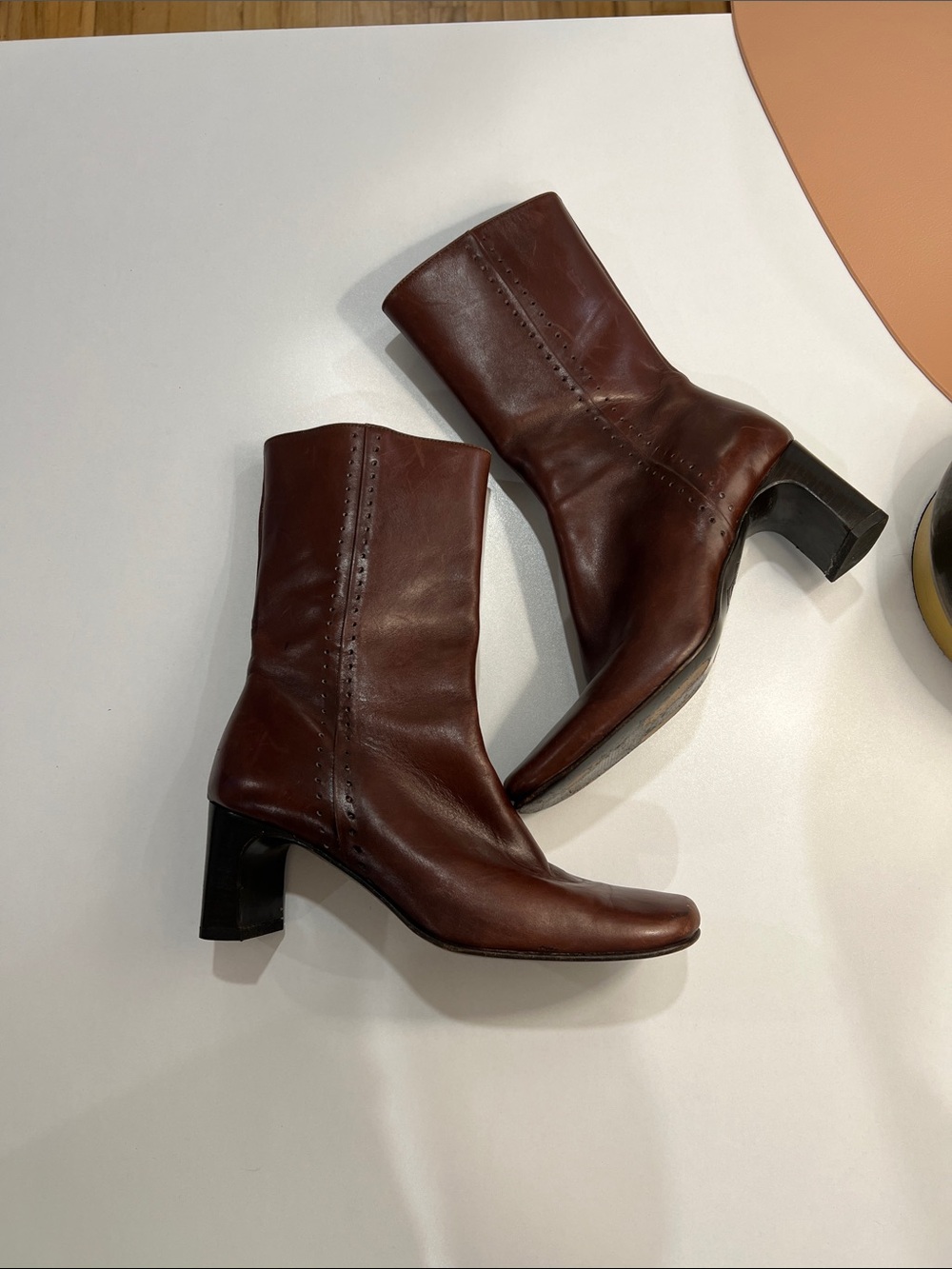Classic Brown Leather Mid-Calf Heeled Boots